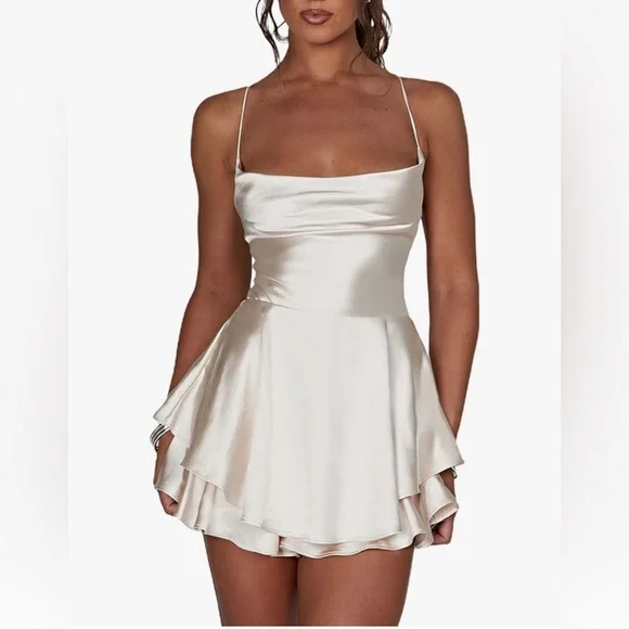 New Backless Short Satin Cowl Neck Ruffle Layer Spaghetti Strap Mini Dress - Picture 2 of 12